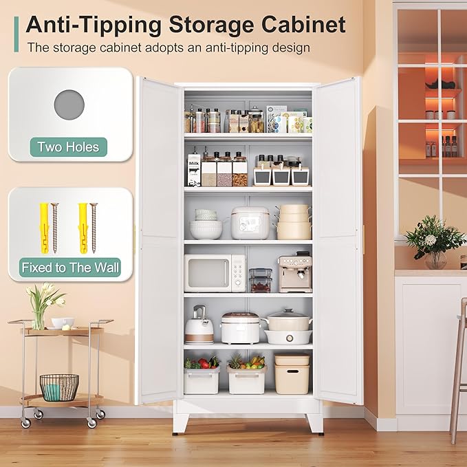 Metal Pantry Cabinet with 2 Doors and 5 Adjustable Shelves, 75" Kitchen Storage cabinets with Gold Handles, Versatile Storage for Laundry Room, Living Room, Bathroom, Dinning Room, Utility Room-White