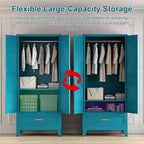 71'' Farmhouse Metal Wardrobe Cabinet with Hanging Rod, 2 Barn Door Wardrobe Closet with Adjustable Shelves,Drawer,for Dining Room,Bedroom,Living Room, Cloak Room,Office (Peacock Blue)