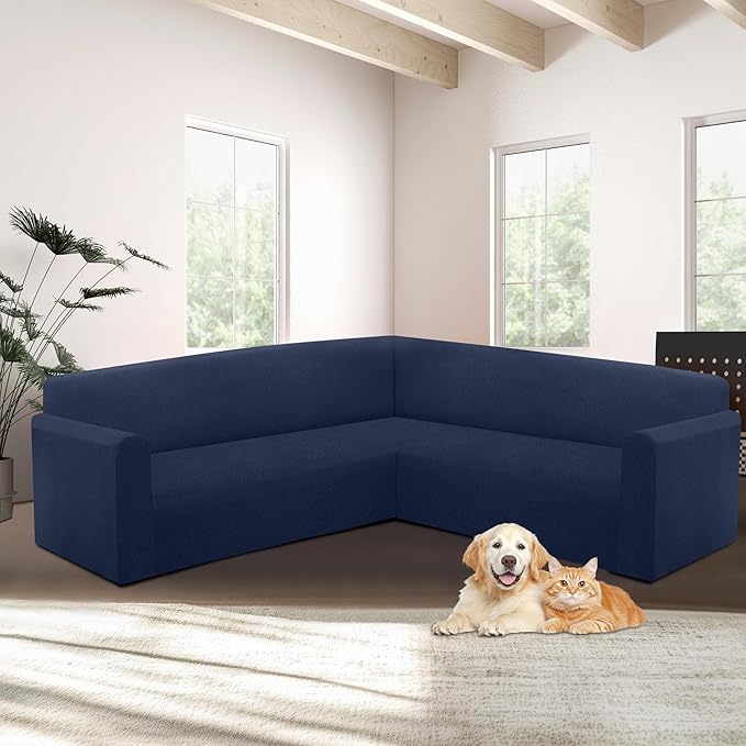 HDCAXKJ Sectional Couch Cover L Shape Stretch Sofa Covers Washable Jacquard Corner Couch Slipcover Non Slip Sectional Slip Cover U Shaped Furniture Protector for Pets Dogs (Navy Blue, Medium)