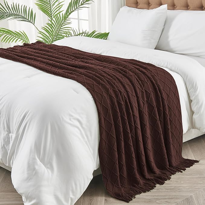inhand Knitted Throw Blankets for Couch and Bed, Soft Cozy Knit Blanket with Tassel, Diamond Brown Lightweight Decorative Blankets and Throws, Farmhouse Warm Woven Blanket for Men and Women, 60"x80"