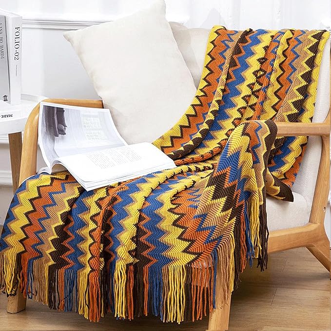 Boho Throw Blanket - Bohemian Fringe Tassels， for Bed Couch Soft ChairBlanket Double Sided (50"x70") (Yellow)