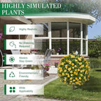 25" Artificial Boxwood Topiary Ball Fall Autumn Tree with Yellow Flowers，Fake Mums Plants with Ground Spike，Set of 2 UV Resistant Faux Bushes, Faux Shrubs for Garden, Patio, Porch, Yard, Indoor