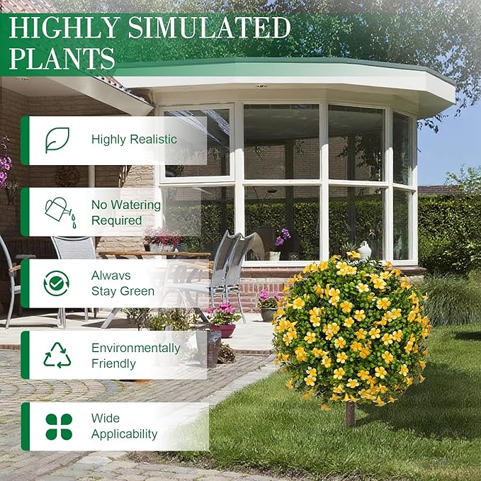 25" Artificial Boxwood Topiary Ball Fall Autumn Tree with Yellow Flowers，Fake Mums Plants with Ground Spike，Set of 2 UV Resistant Faux Bushes, Faux Shrubs for Garden, Patio, Porch, Yard, Indoor