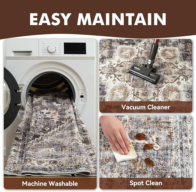 Brown Rugs for Living Room 8x10 Area Rug Soft Living Room Carpet-Rugs for Bedroom Machine Washable Rug Vintage Oriental Floral Dining Room Rug Non Slip