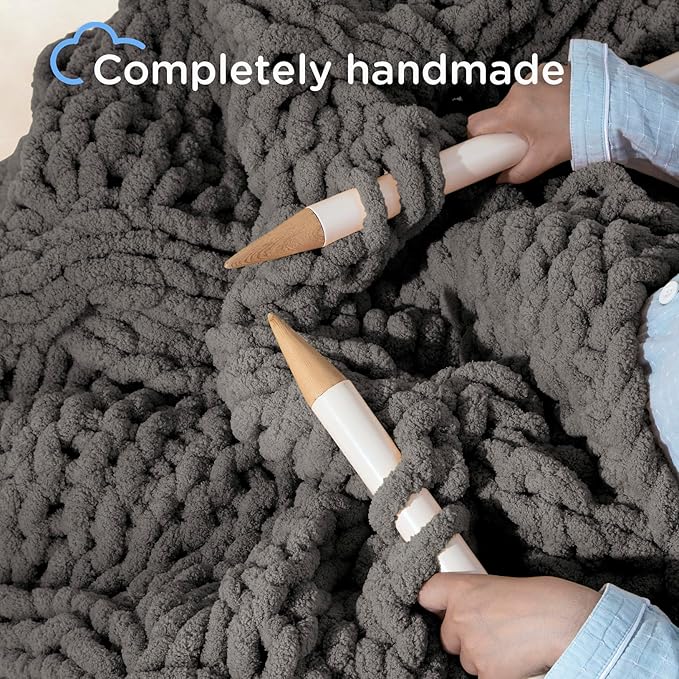 Chunky Knit Blanket Throw - 100% Hand Knitted Chunky Throw Blanket for Couch, Thick and Warm Blanket for Winter, Dark Grey, 50x60 Inches