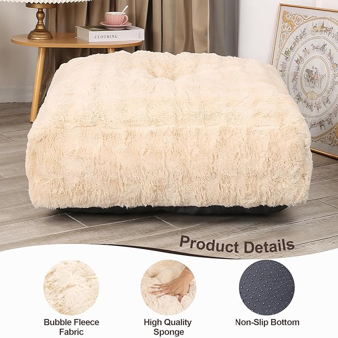 Square Pouf Ottoman, Comfy Lazy Floor Footrest with Memory Foam Filling, Fluffy Bubble Ottoman for Living Room, Office, Beige