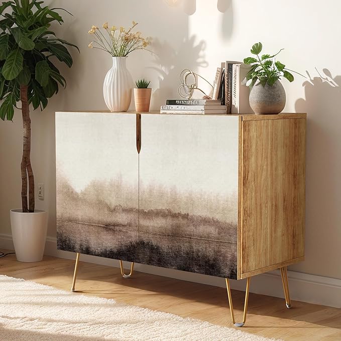 SIGNWIN Sideboard Buffet Cabinet, Kitchen Storage Cabinet with 2 Doors, Brown Pastel Watercolor Landscape, Cupboard Console Table for Dining Room - 35" L x 18" W x 29" H