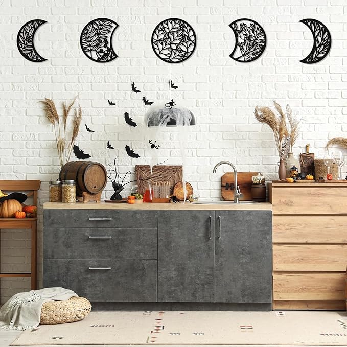Jetec 5 Pcs Moon Phase Wall Art Decor Wall Pediments Hanging Wooden Moon Phase Spiritual Bedroom Nordic Boho Lunar Aesthetic Art for Living Room Dorm Apartment Bar Ornament(Dark Black,15.75 Inch)