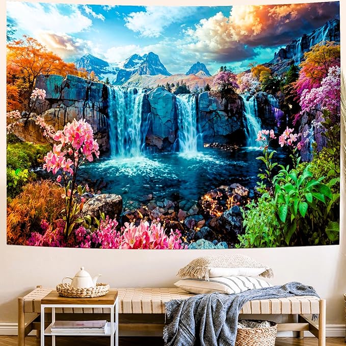 Delur Waterfall Tapestry Tropical Forest Mountain Sunset Tree Wall Hanging Tapestry Scenic Rainforest Landscape Nature Sunrise Headboard for Bedroom Living Room Home Decor (51.2" x 59.1")