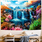Delur Waterfall Tapestry Tropical Forest Mountain Sunset Tree Wall Hanging Tapestry Scenic Rainforest Landscape Nature Sunrise Headboard for Bedroom Living Room Home Decor (70.8" x 92.5")