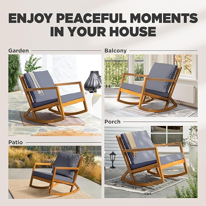 IDZO Premium Club Rocking Chair 500lbs Capacity with Inclined Backrest, Thick Foam Cushion, Solid Acacia Wood Rocker for Patio, Backyard, Balcony, Porch