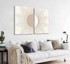 2Pcs Minimalism Boho Canvas Wall art Mid Century Modern Beige and White Sun and Moon Geometric Abstract Painting Pictures Wall Decor Posters Print Artwork for Bedroom Living Room Decoration