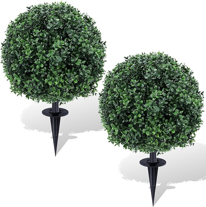 Artificial Boxwood Topiary Ball Trees with Ground Spikes UV Resistant Faux Greenery Shrubs Fake Shrubs for Outdoors, Realistic Faux Plants Bushes for Garden Porch Yard Patio Decor (Green Boxwood)
