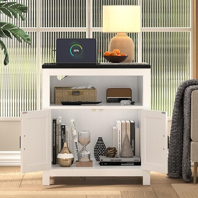 Farmhouse End Table with Charging Station, 24" Large Side Table with Open Shelf and Storage Cabinet, Wood Square Bedside Table Nightstand for Living Room, Bedroom (White)