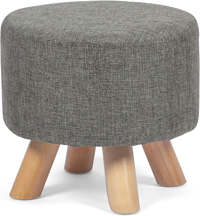 Asense Small Round Ottoman Foot Rest Stool Linen Padded Seat Footstool Ottoman with Anti-Slip Wooden Legs (Gray,Linen)