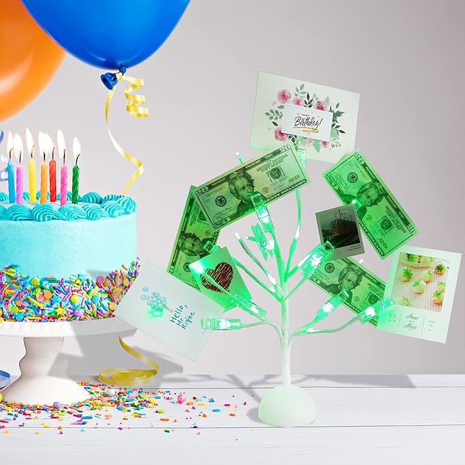 Money Tree Gift Card Holder Table Stand Creative Display with Green Lights and 10 Clips for Chirstmas, Graduation and Birthday