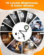 Magnifying Glass with Light, 10X & 5X Real Glass & Anti-Glare Lens, 5 Color Mode Stepless Dimmable LED Desk Magnifying Lamp, Hands-Free Desk Lamp with Clamp for Crafts Reading Repair Hobby (Yellow)