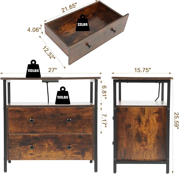 27 inch Wide Night Stand with Charging Station, Bedside Table with Open Shelf, 2 Drawers Small Wood Dresser, Modern Wood Nightstand for Bedroom/Living Room (Rustic Brown)