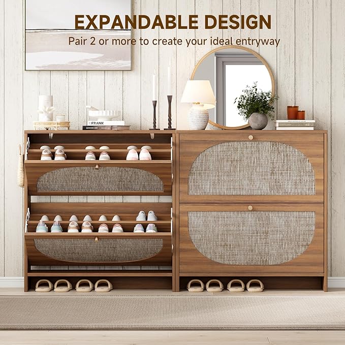 Nicetree Freestanding Ultra Slim Fluted Accent Shoe Storage Cabinet for Entryway - 2 Flip Drawers & 3-Tier Adjustable Shelves, Farmhouse Modern Rustic Shoe Rack for Hallway, Foyer