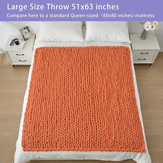 Bigacogo Chunky Knit Throw Blanket for Couch, 51x63 inches, 100% Hand Knitted with Thick Jumbo Chenille Yarn, Cozy Soft Large Rope Knot Cable Crochet Blankets for Sofa Bed Living Room, Terracotta