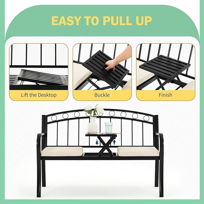 AVAWING Outdoor Metal Garden Bench, 2-Seat Patio Porch Bench with Steel Frame, Park Bench w/Pullout Middle Table＆ Cushion for Backyard Lawn Deck Entryway, Black