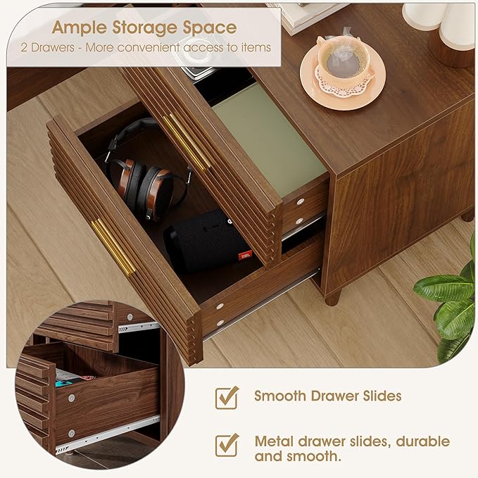 Alohappy Nightstand, Mid Century Modern Night Stands, Fluted Bedside Table for Bedroom, End Table with Storage Drawers, Vintage Bed Side Table Wood Accent Table for Living Room, Brown 1pc