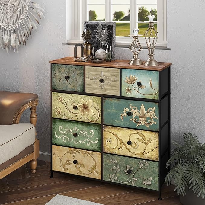 Tohomeor Dresser with Drawers for Bedroom Chest of Drawers Fabric Dresser for Closet,Nursery Entryway Hall Tree TV Stand for Living Room Retro Floral Pattern Drawers Wooden Top (9 Drawers)