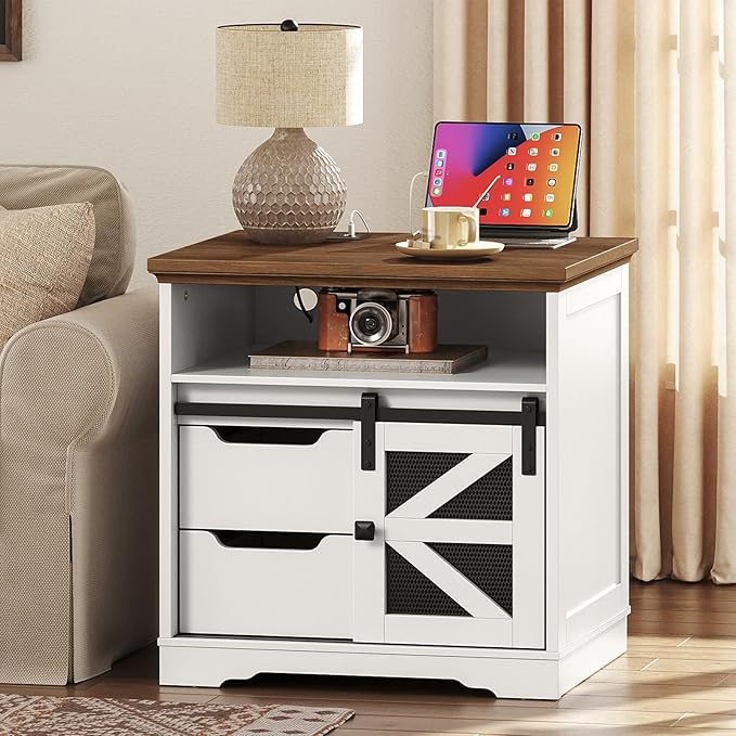 Farmhouse End Table Set of 2, Sofa Side Table with Charging Station, Bedside Table with 2 Drawers and Barn Door, Rustic Wooden Nightstand for Bedroom, Living Room, White and Walnut