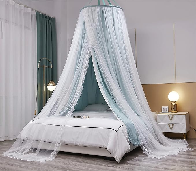 VETHIN Double Layer Princess Round Dome Canopy Bed Curtain for Girls Adults,Children Dreamy Mosquito Net,Cute Bedroom Decoration Castle Play Tent Reading Nook Canopies (Dome-Green/White)