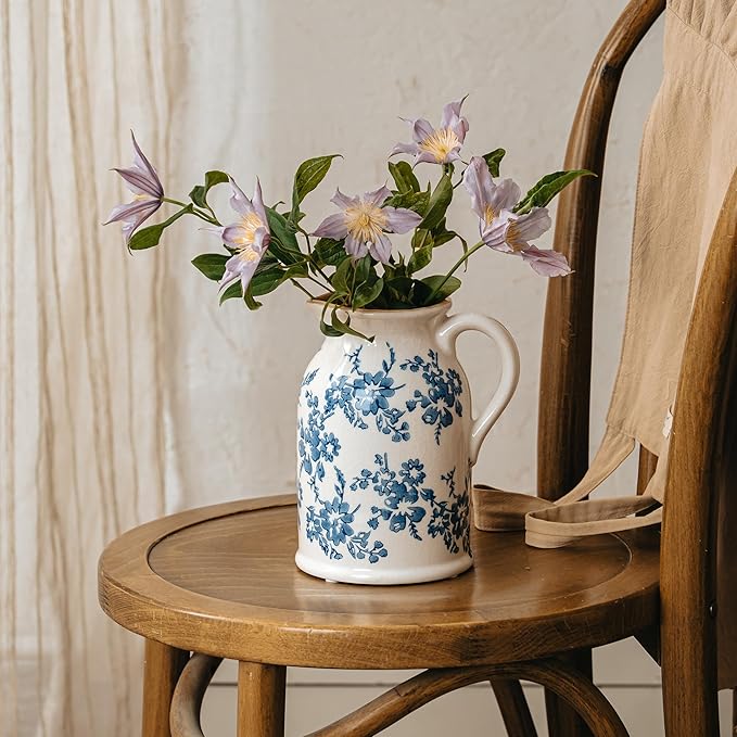 Blue and White Pitcher Vase, 8 Inch Vintage Chinoiserie Ceramic Flower Vase, Rustic Retro Ice Cracked Antique Porcelain Vases for Home Farmhouse Table Centerpieces Shelf Decor