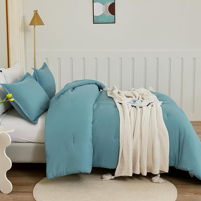 Litanika Grayish Teal Comforter Set Twin/Twin XL Size, 2 Pieces Lightweight Solid Bedding Comforter Set, All Season Fluffy Bed Set (66x90In Comforter & 1 Pillowcase)