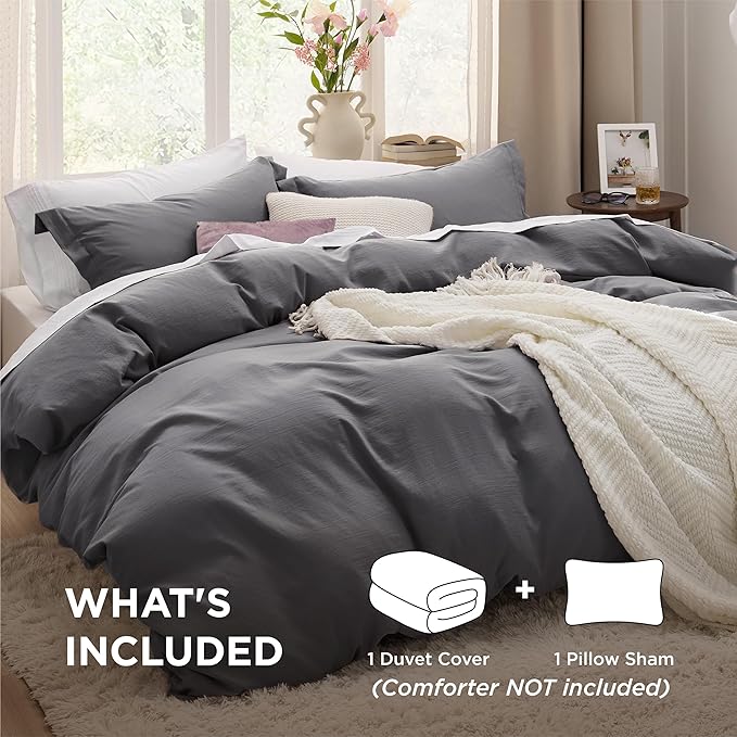 Bedsure Dark Grey Duvet Cover Twin/Twin XL Size - 2 Pieces Prewashed Cotton-Like Extra Soft Bedding Set, Includes 1 Twin Duvet Cover 68x90 Inches with Zipper Closure & 1 Pillow Sham, No Comforter