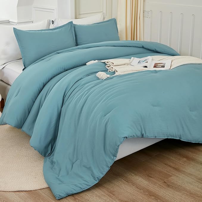Litanika Comforters Grayish Teal Oversized King Size, 3 Pieces Lightweight Solid Bedding Comforter Set, All Season Fluffy Bed Set (120x98In Comforter & 2 Pillowcases)