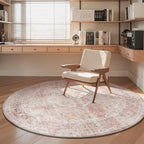 AMOAMI 6FT Round Vintage Soft Pink Rug - Non Slip Circle Machine Washable Rug for Living Room, Bedroom, Office Under Table