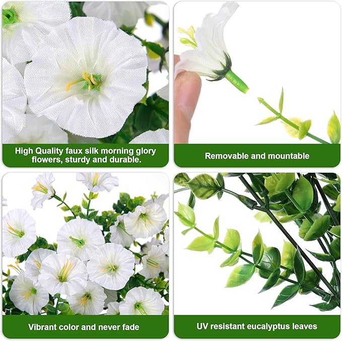 Artificial Faux Hanging Flowers Plants for Outdoor Decor,2 PCS Fake Silk Morning Glory with Eucalyptus UV Resistant Realistic Trailing Vines for Wall Home Porch Patio Balcony Yard Indoor Decor,White