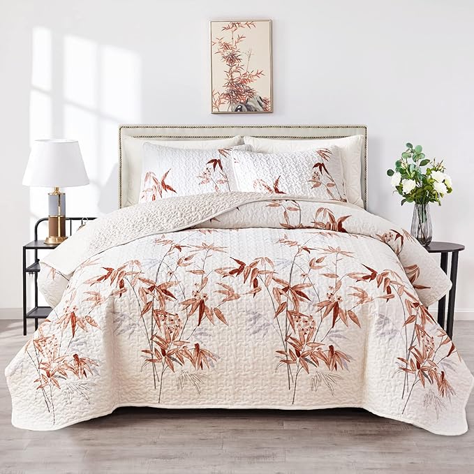 Botanical Quilt Set 2 Pieces Twin Size, Burnt Orange Leaves Printed on White Reversible Bedspread Coverlet Set, Soft Microfiber Lightweight Bed Cover for Kids (68" x 86", 1 Quilt+ 1 Pillow Sham)