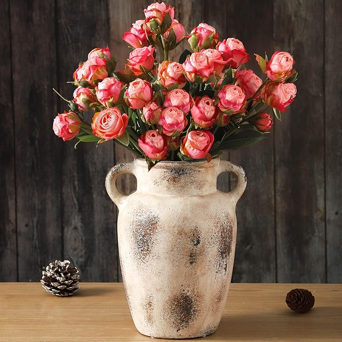 Farmhouse Ceramic Vase with Handle,9.7 inch Handcrafted Vintage Terracotta Pottery Vases for Shelf Decor, Coffee Table Styling, or Bedroom Accent