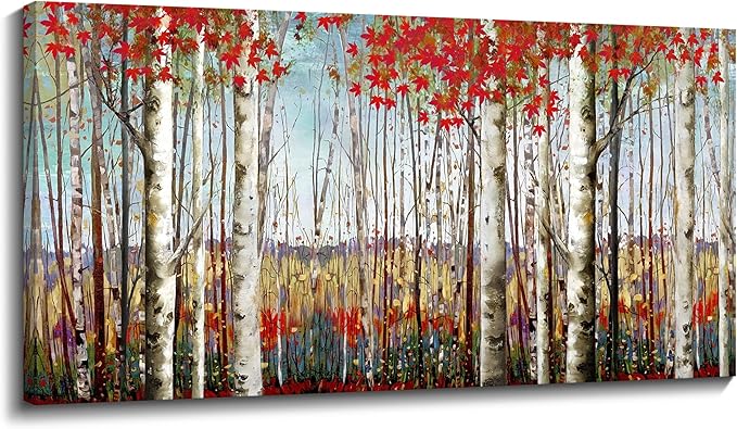 Canvas Wall Art for Living Room Bedroom Modern Wall Decor of Red Leaves White Birch Tree Forest Painting Artwork Wall Decoration 29x58 Large Size with Wood Framed Easy to Hang for Home