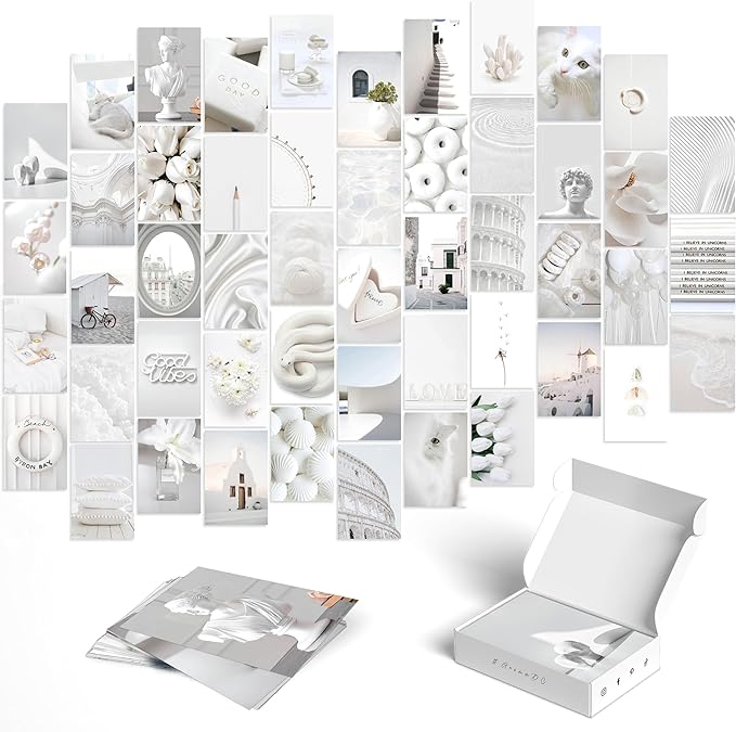 Y2K BOO Elegant White Wall Collage Kit - 50pcs Aesthetic Posters for Room Decor, Perfect Dorm and Bedroom Wall Art, Minimalist and Elegant White Collage Kit for Teen Girls
