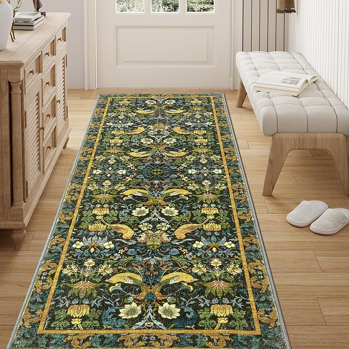 Runner Rug - 2'6"x8' Boho Washable Kitchen Rug, Non-Slip Soft Low Pile Rugs Indoor for Hallway Living Room Bedroom Sunroom, Vintage Stair Carpet Stain Resistance (Dark Green, 2.5x8ft)
