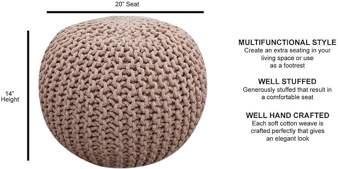 FRELISH DECOR Round Pouf Ottoman Hand Knitted 100% Cotton Pouf Foot Stool - Knitted Bean Bag - Floor Chair for Living Room Bedroom - Foot Rest for Couch (20 Diameter x 14 Height) - Taupe