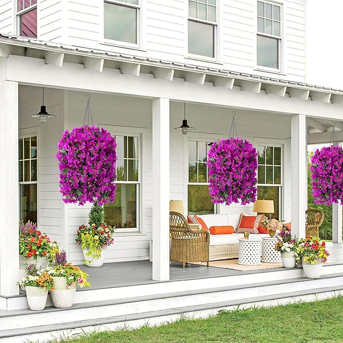 Artificial Bougainvillea Faux Flowers Plants Baskets for Outdoor Outside Summer Decoration, 3 PCS Fake Silk Long Hanging Vines UV Resistant Realistic for Front Door Porch Patio Balcony, Purple