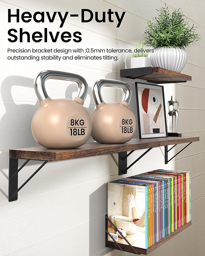 BAYKA Wall Shelves for Bedroom Decor, Floating Wall Shelves for Living Room Kitchen Storage, Wall Mounted Rustic Wood Floating Shelves for Kids Books, Corner Shelf for Bathroom(Rustic Brown，Set of 4)