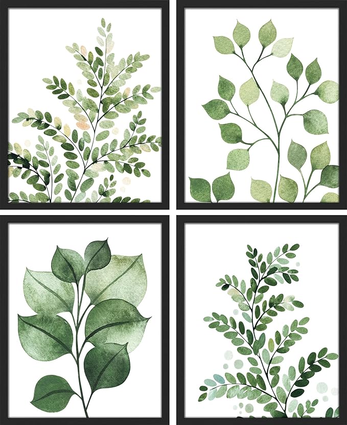SIGNWIN Framed Green Pastel Forest Fern Leaf Wall Art, Set of 4 Collage Nature Garden Wall Decor Prints, Nature Wilderness Wall D¨¦cor for Living Room, Bedroom - 12"x16" Black