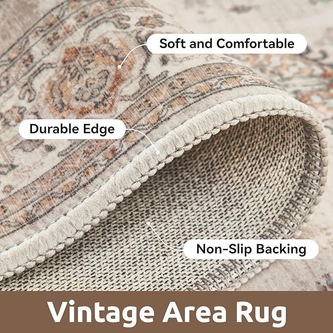 AMOAMI-Vintage Area Rug 3x5 Brown Rugs for Living Room-Soft Washable Rug Non Slip Entryway Rug Indoor Vintage Throw Accent for Bedroom Laundry Room Dining Bathroom Bedside