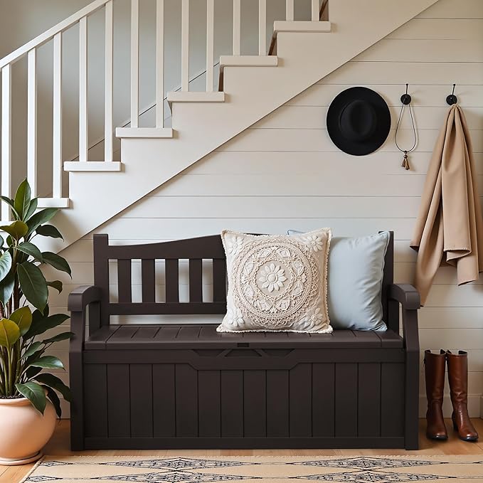 Greesum 80 Gallon Outdoor Storage Bench, Resin Patio Furniture with Armrest,Waterproof and UV-Resistant, Perfect to Garden, Poolside and Lawn, Dark Brown