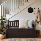 Greesum 80 Gallon Outdoor Storage Bench, Resin Patio Furniture with Armrest,Waterproof and UV-Resistant, Perfect to Garden, Poolside and Lawn, Dark Brown