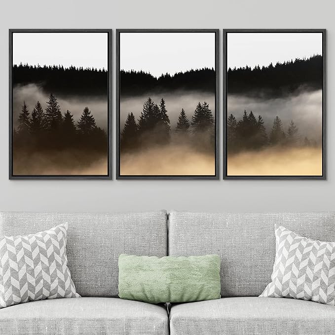 SIGNWIN Framed Canvas Print Wall Art Woodland Nursery Decor Set Misty Dark Mountain Forest Silhouette Nature Wilderness Modern Art Rustic Landscape for Living Room, Bedroom, Office - 24"x36"x3 Black