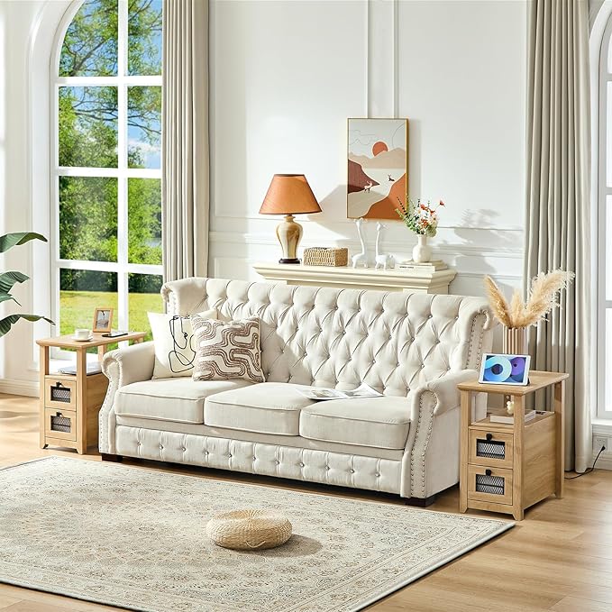 Farmhouse XXL End Table with Charging Station, Narrow Side Table with USB Ports and Outlets, Nightstand with 2 Drawers Storage, Bedside Tables for Living Room, Bedroom, Wooden Color