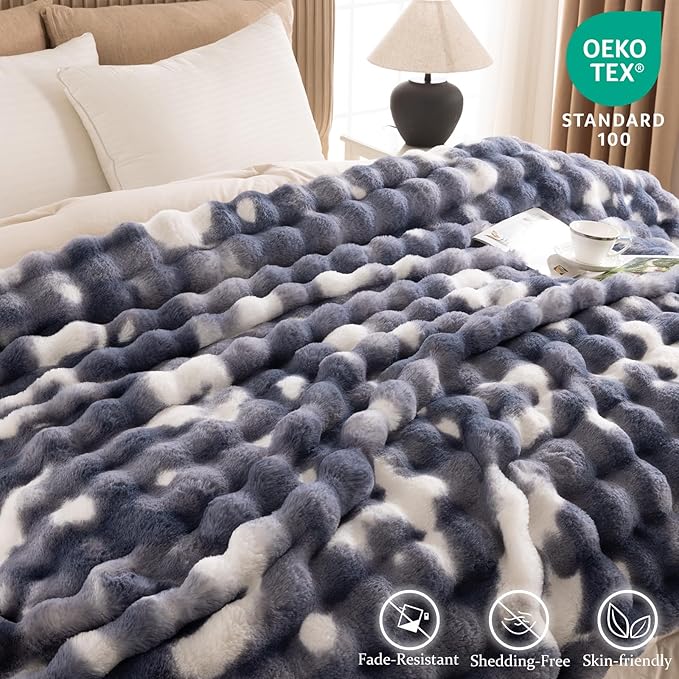 Cozy Faux Fur Throw Blanket for Couch-Warm Fuzzy Throw Blanket, Soft Plush Thick Bubble Blankets for Bedroom and Living Room, Furry Luxury Blanket, 50 x 60,Tie-Dye Blue